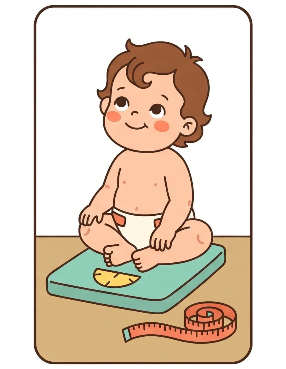 תינוק יושב על משקל, לצידו סרט מדידה כתום