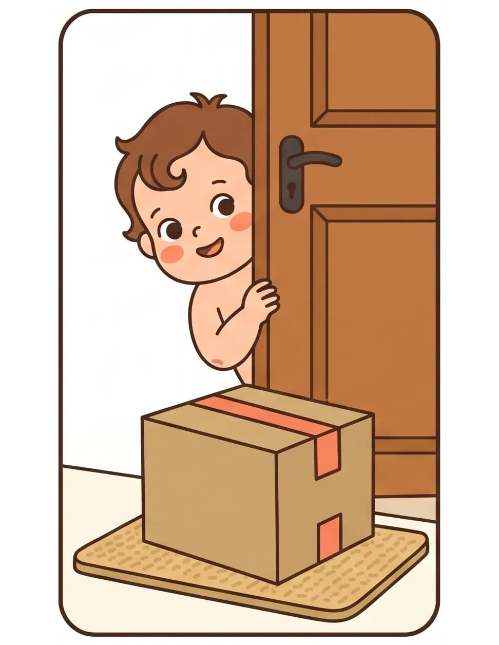 תינוק מציץ מאחורי הדלת אל קופסה סגורה שמחכה על המפתן